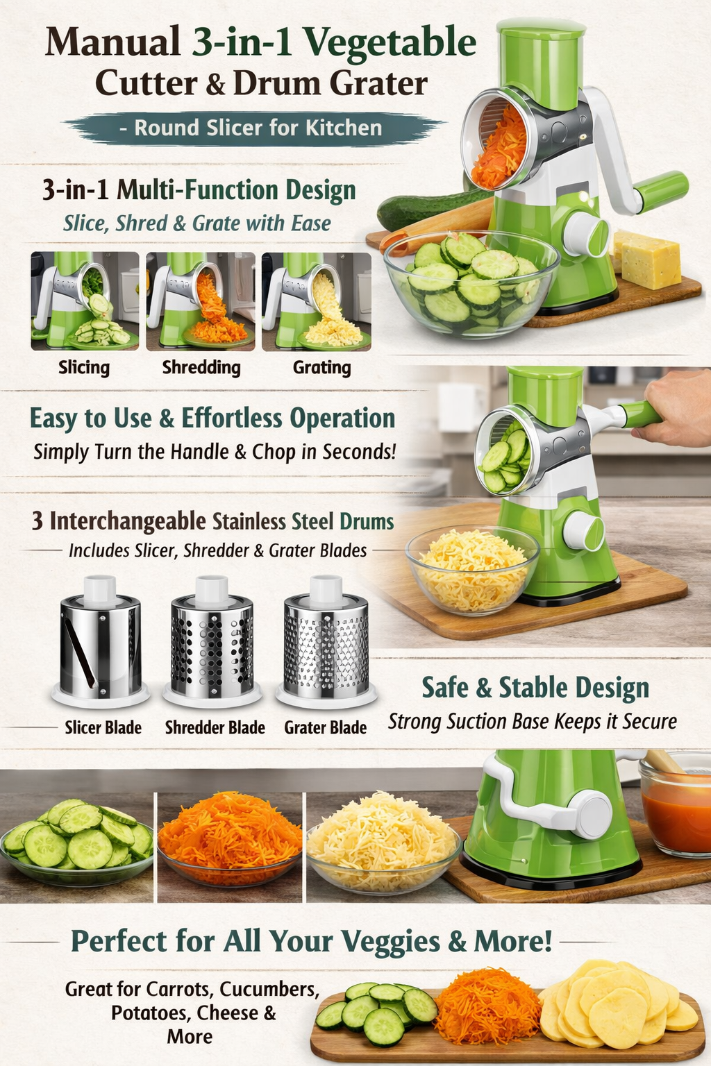 Manual 3 in 1 Vegetable Cutter & Slicer multifunctional